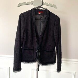 Black Tweed Blazer Jacket with Frayed Organza and Velvet Ribbon Trim